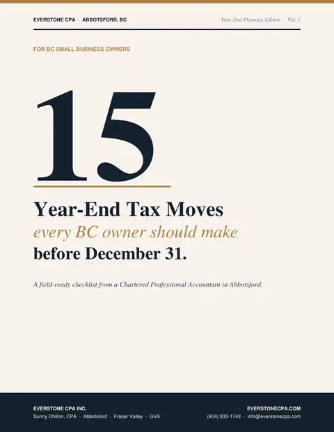 Cover of the EverStone CPA guide: 15 Year-End Tax Moves every BC owner should make before December 31