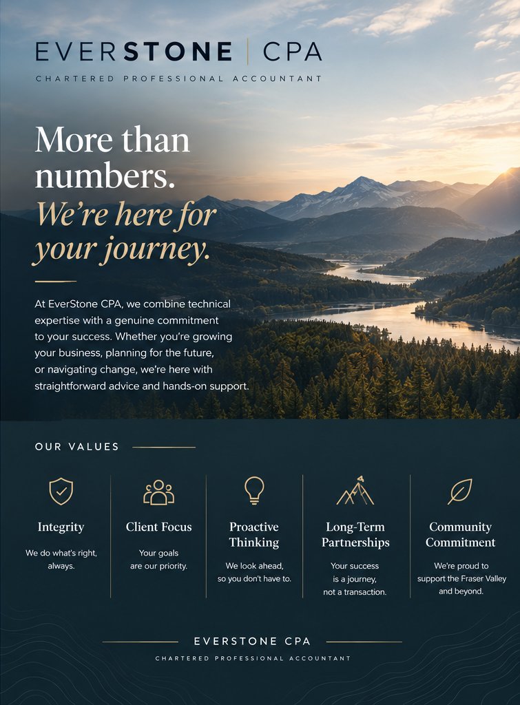 EverStone CPA, Chartered Professional Accountant: More than numbers, we’re here for your journey. We combine technical expertise with a genuine commitment to your success, with straightforward advice and hands-on support. Our values: integrity, we do what’s right, always; client focus, your goals are our priority; proactive thinking, we look ahead so you don’t have to; long-term partnerships, your success is a journey, not a transaction; community commitment, supporting the Fraser Valley and beyond.