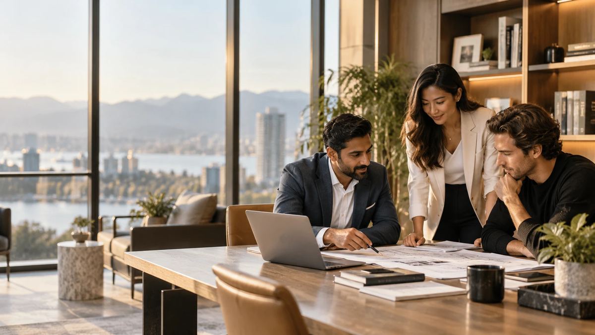 Three professionals reviewing plans and a laptop at a boardroom table in an office overlooking the Vancouver waterfront and mountains