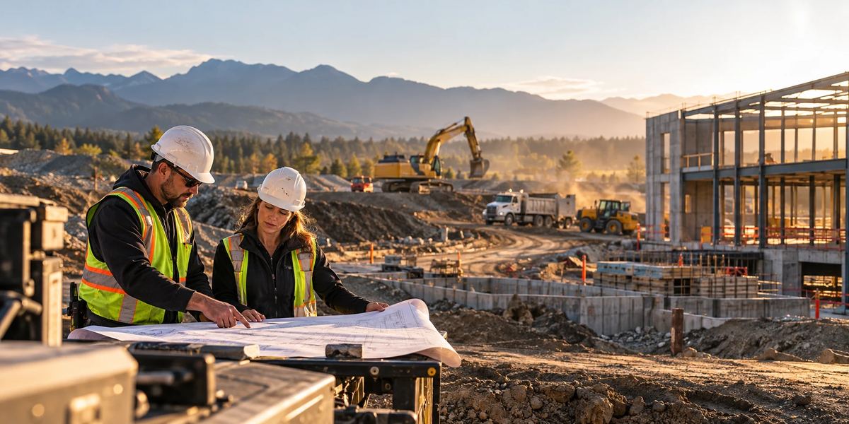 A contractor and site supervisor checking building plans on an active construction site
