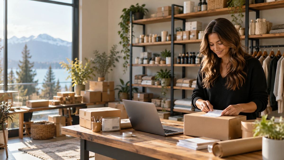 An online store owner labelling shipping boxes beside a laptop in a bright ecommerce studio with inventory shelves