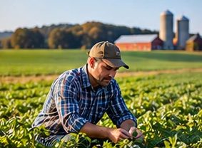 A farmer inspecting crops in a field with barns and a tractor behind