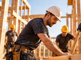 A carpenter in a hard hat working on the wood framing of a new building