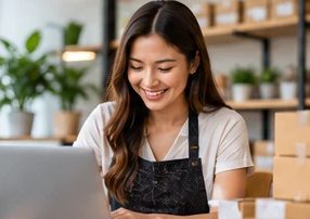 A small business owner packing an order beside a laptop