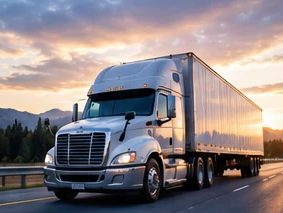 A transport truck on a highway at sunset