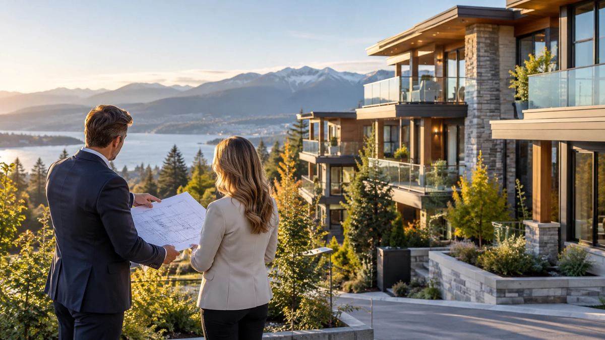 Property investors reviewing site plans for a new multi-unit residential building in BC