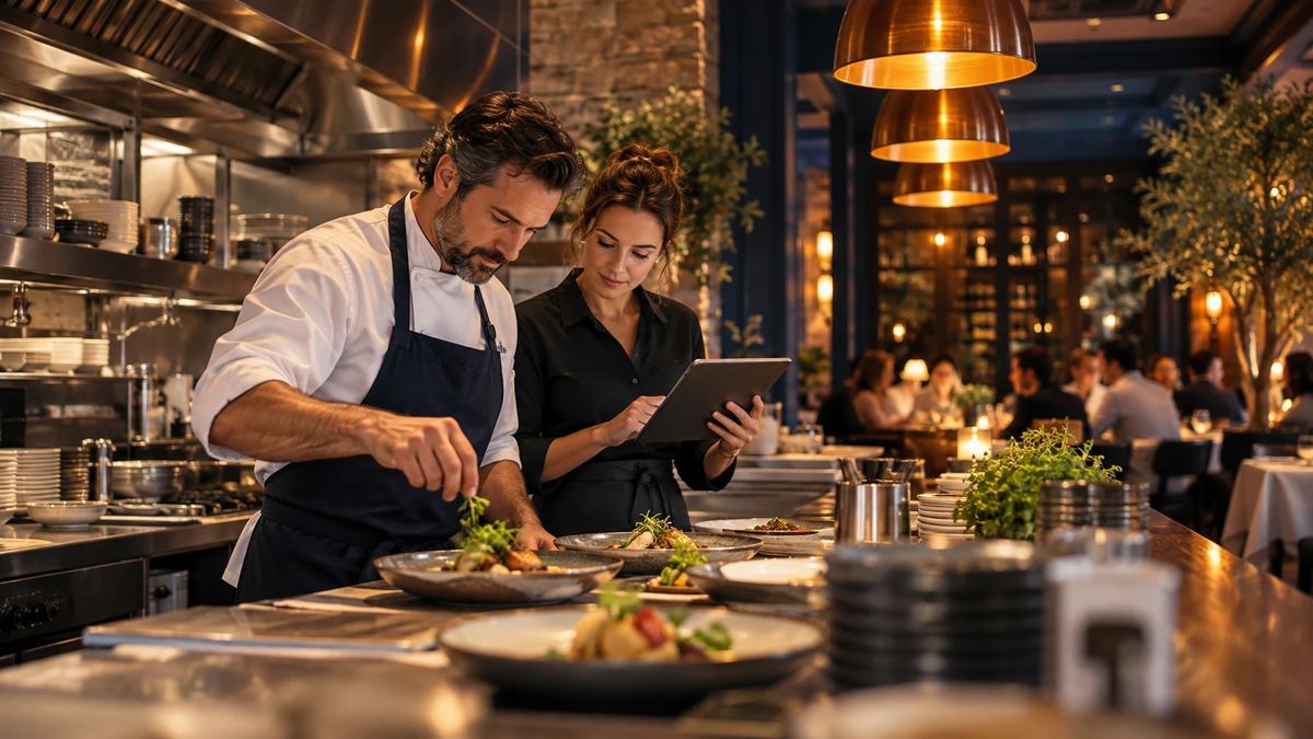 A chef plating dishes while a restaurant manager checks orders on a tablet in a busy restaurant kitchen