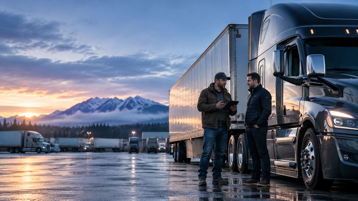 An owner-operator going over paperwork on a tablet beside a transport truck