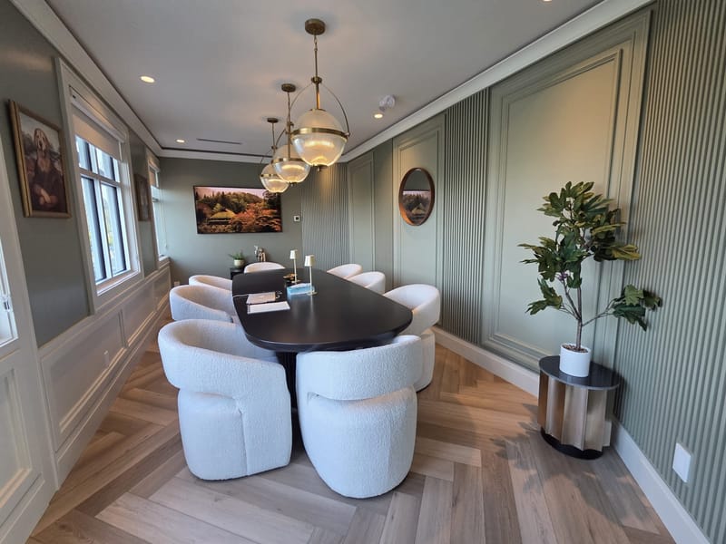 Boardroom at EverStone CPA in Abbotsford, BC, with an eight-seat meeting table used for internal work and video consultations
